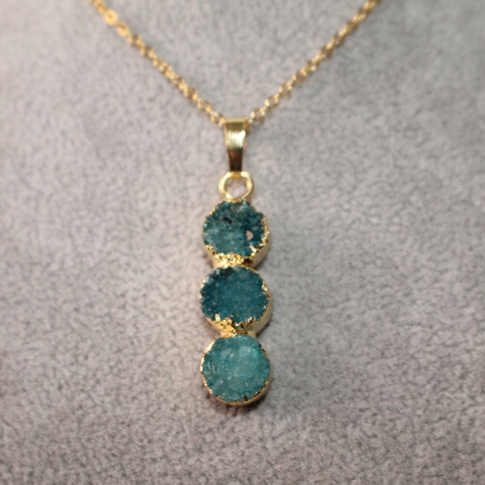Triple Aqua Druzy Gemstone Pendant Necklace – Gold Trim Sparkling Statement Piec - Picture 2 of 5